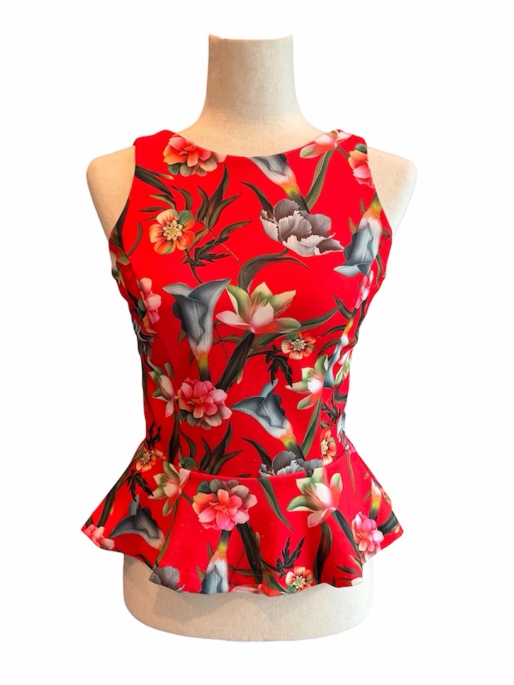 Alexa Admor Floral Tropical Peplum Sleeveless Top high neck, v back in Red S